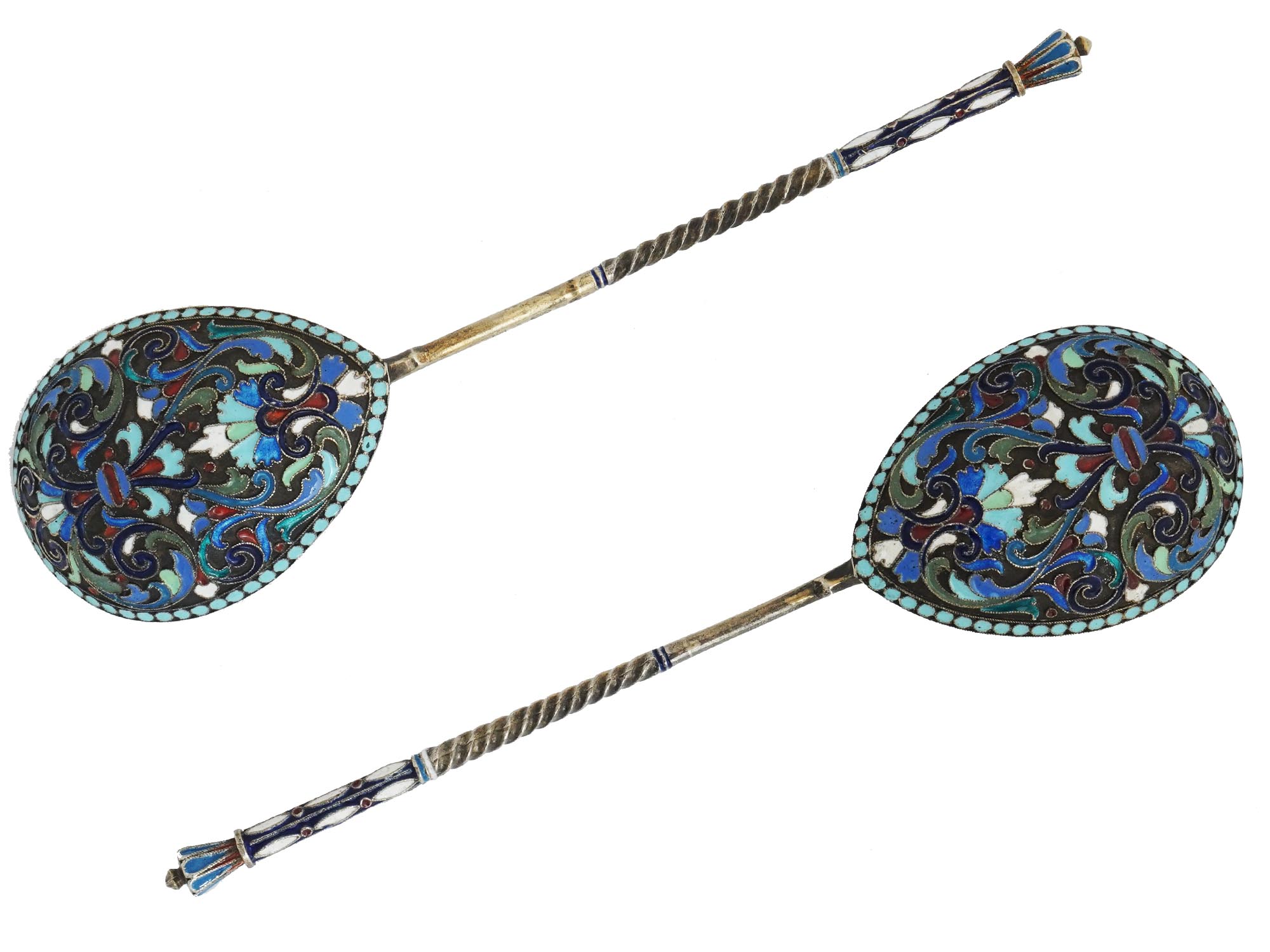 PAIR OF RUSSIAN SILVER AND CLOISONNE ENAMEL SPOON PIC-0